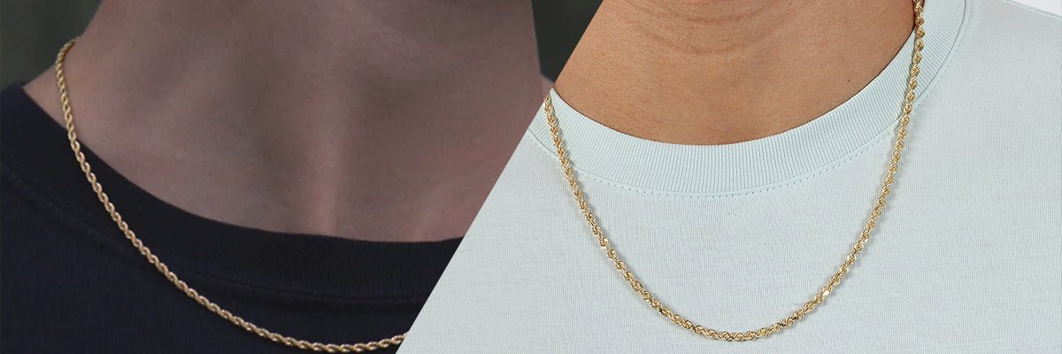 2mm and 4mm gold rope chains on neck