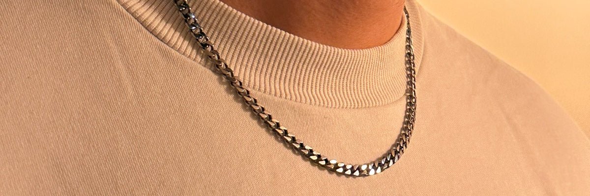 5mm silver Cuban link chain on male neck