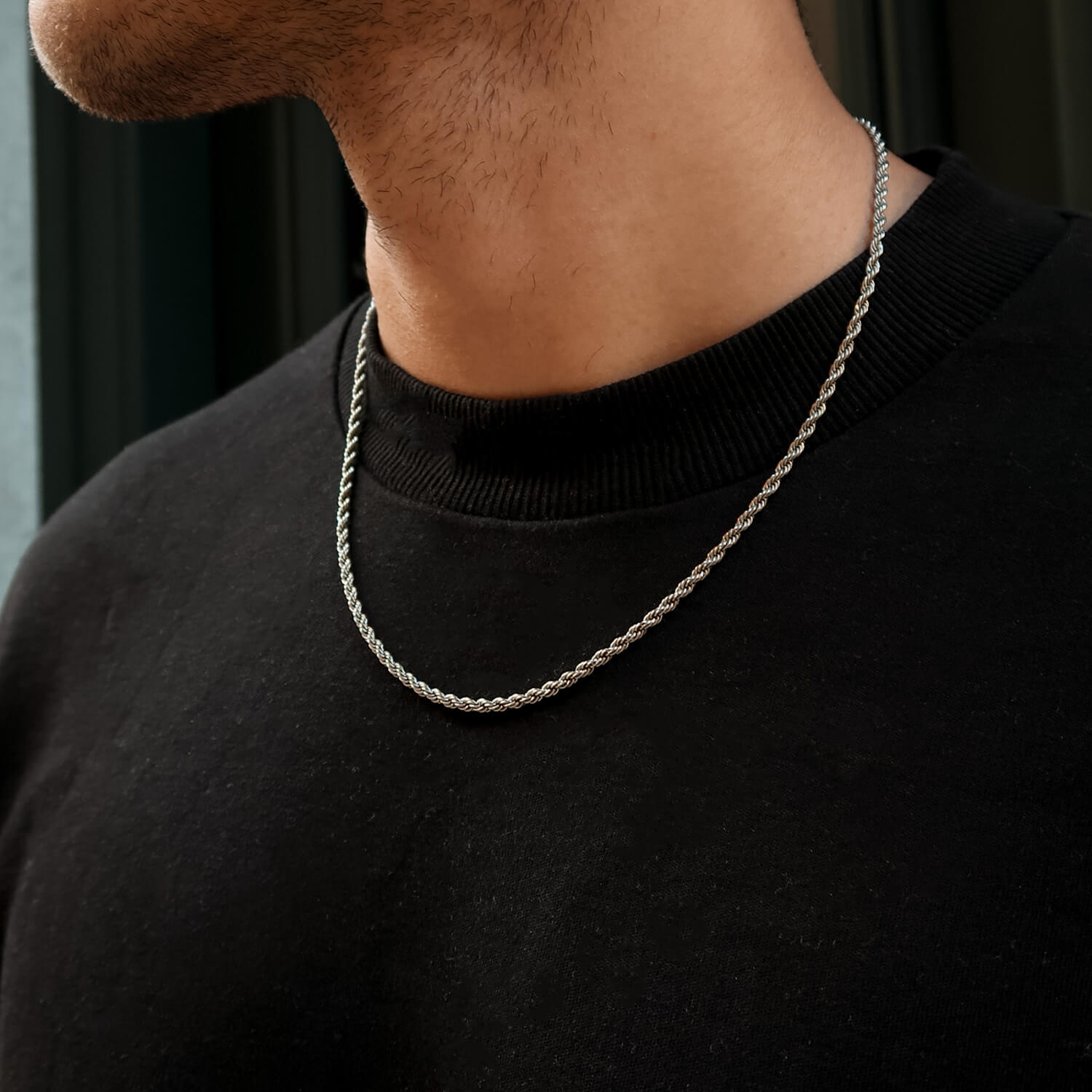 3mm silver rope chain on male neck