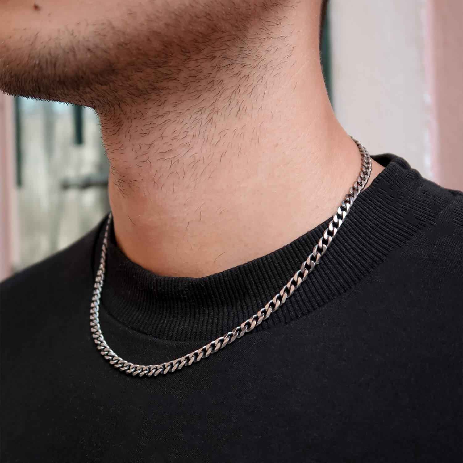 5mm silver cuban chain on neck