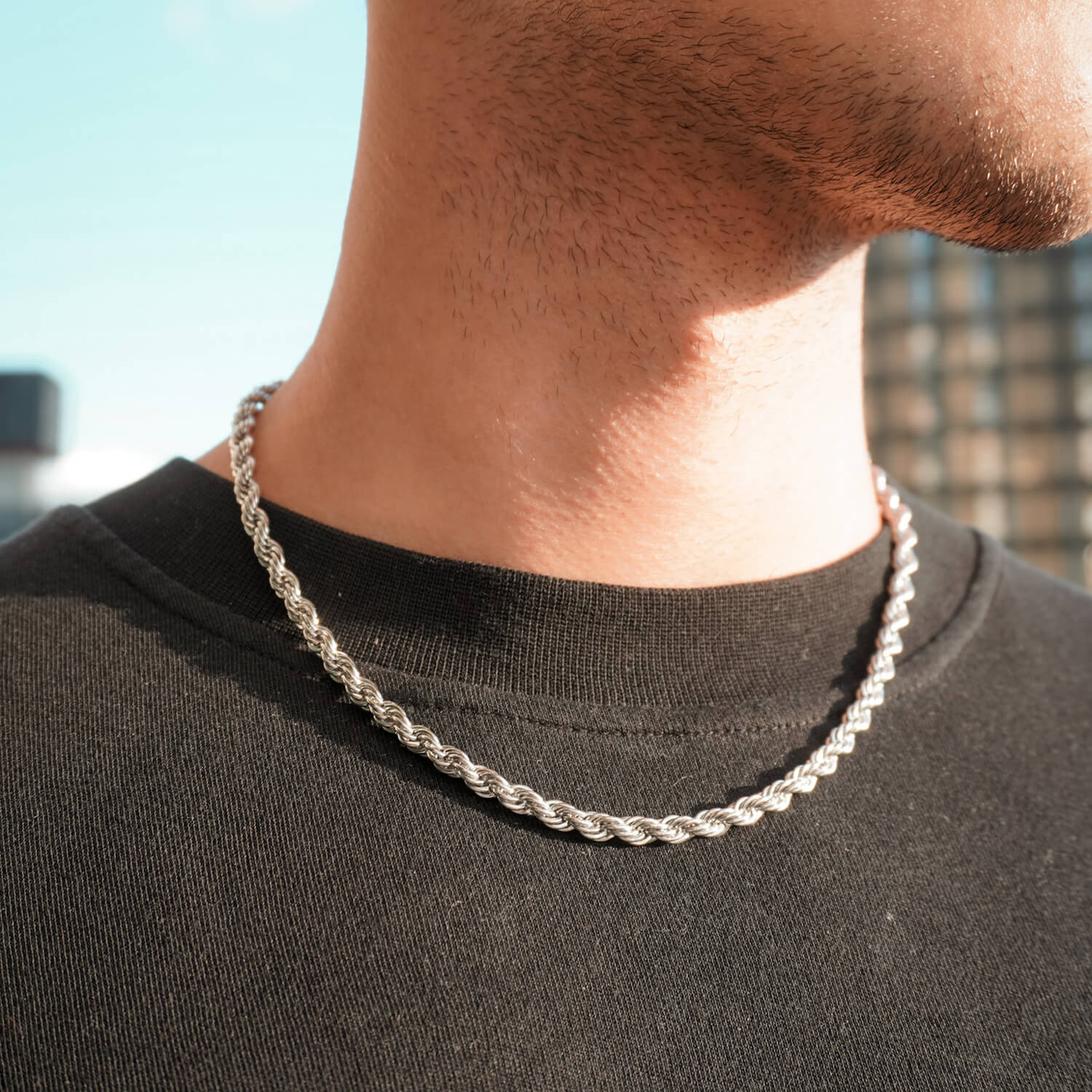 5mm silver rope chain on neck