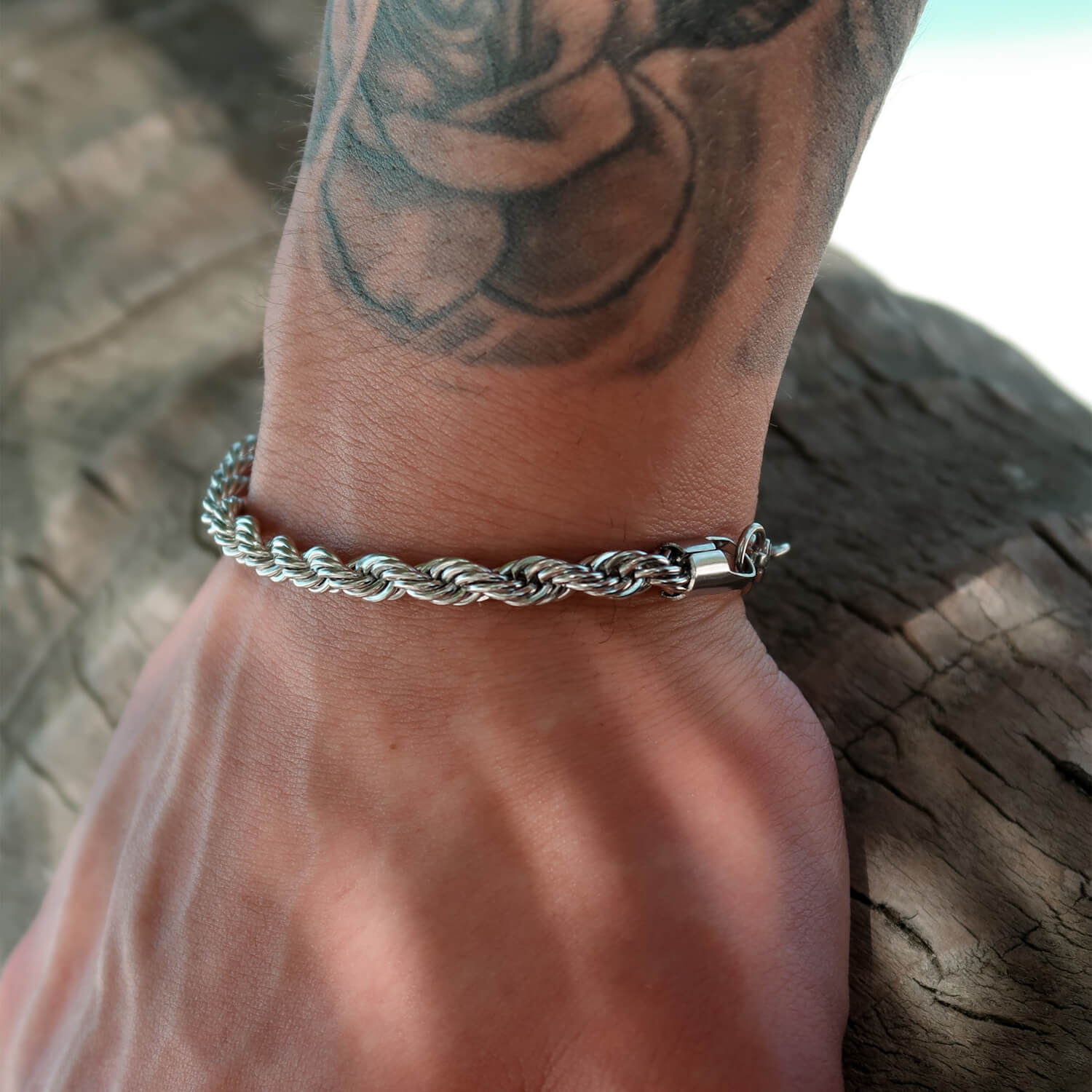 5mm silver rope bracelet on wrist