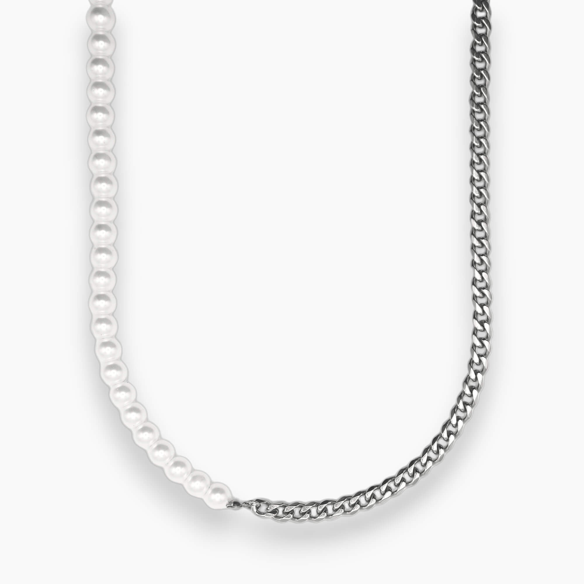 6mm half pearl half cuban necklace silver