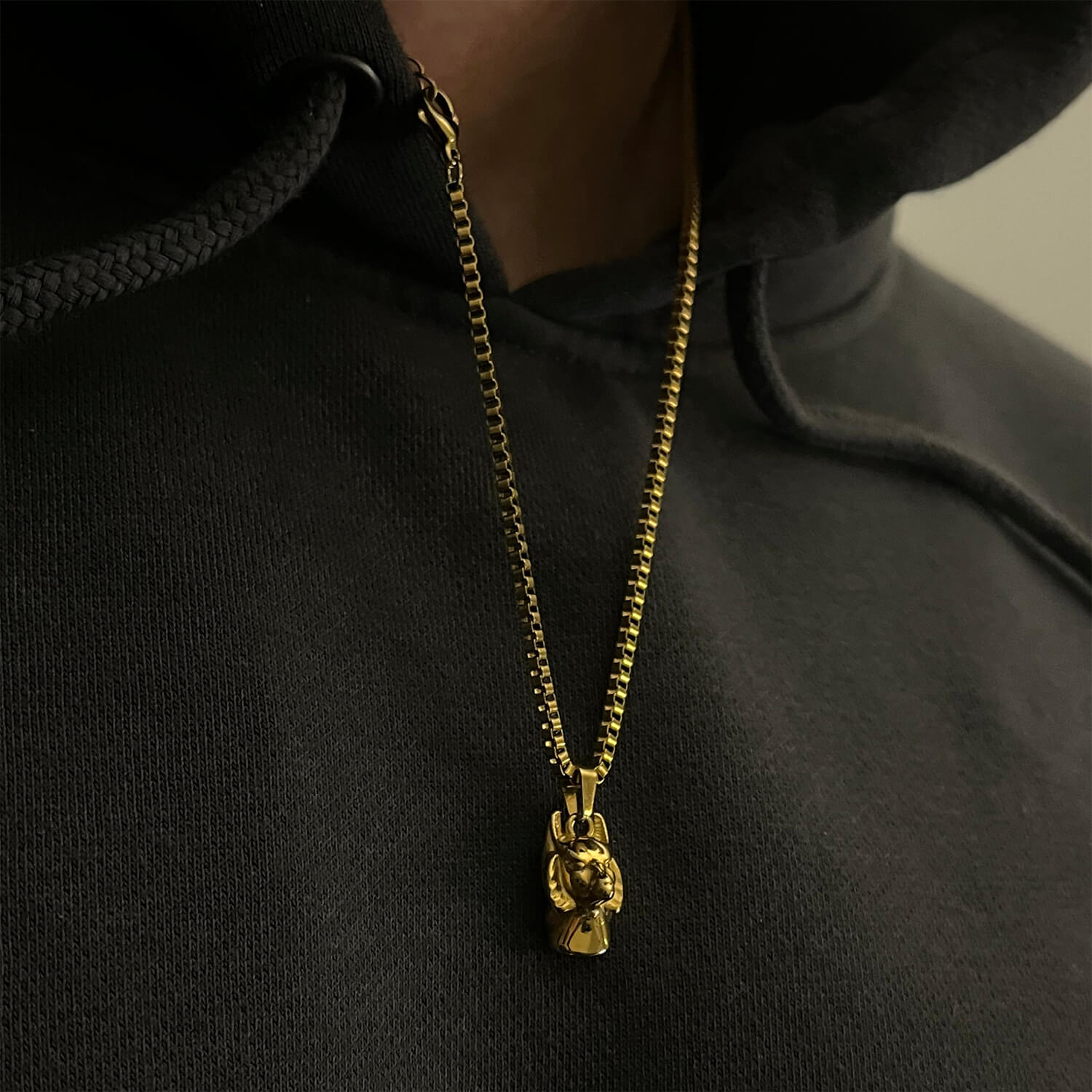 male wearing gold anubis pendant outside of hoodie