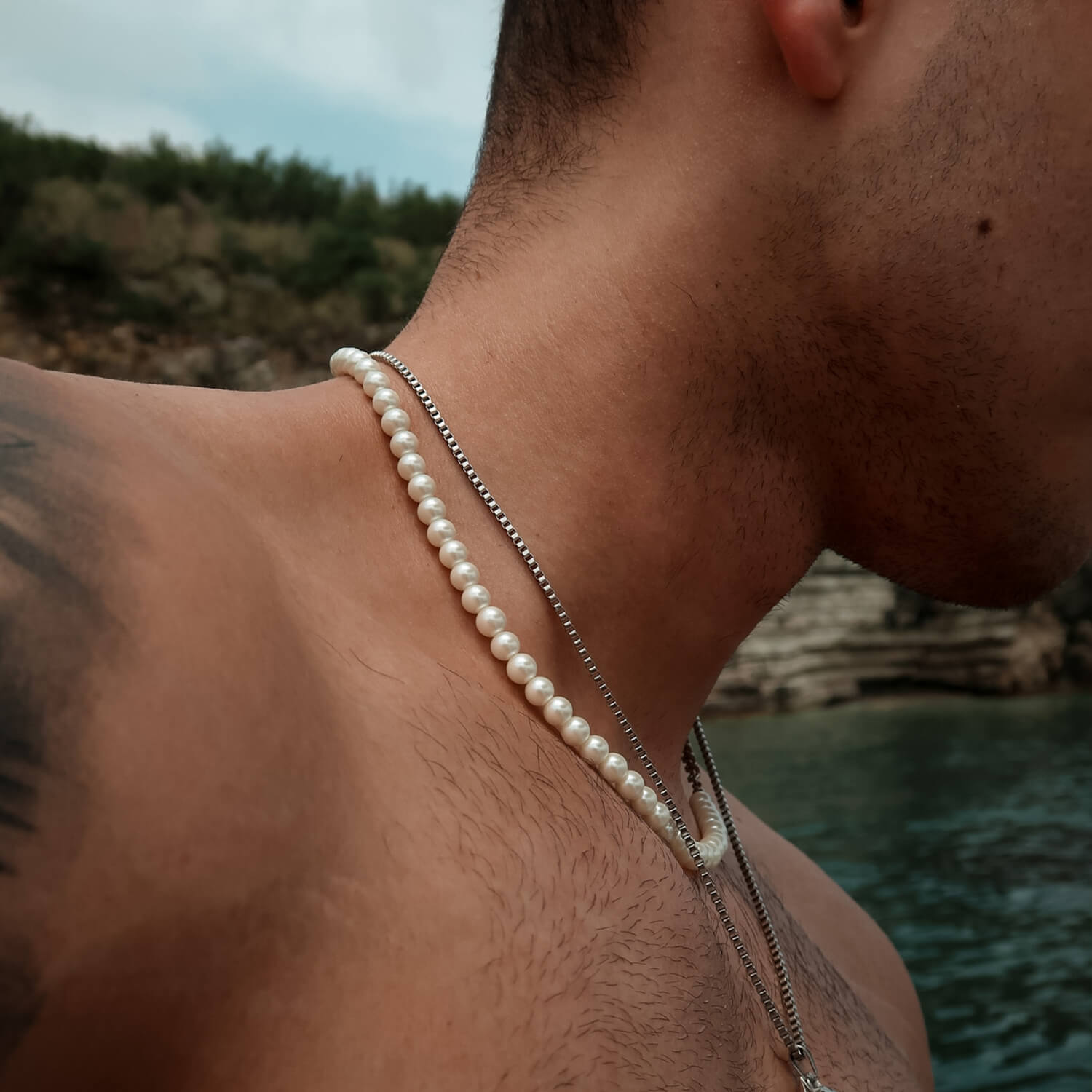 6mm Half Pearl Half Cuban Necklace - Silver | Sky Austria