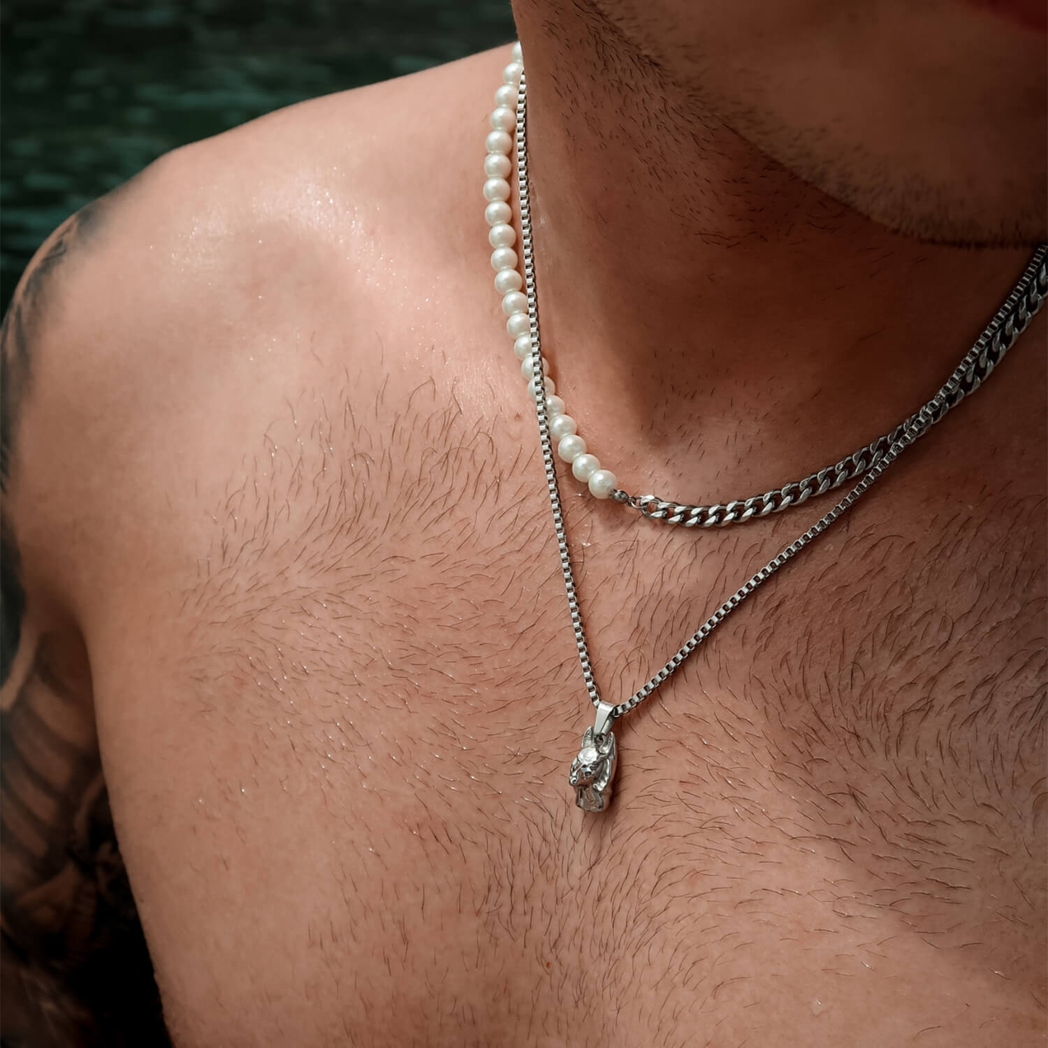 silver anubis pendant and half pearl half cuban chain